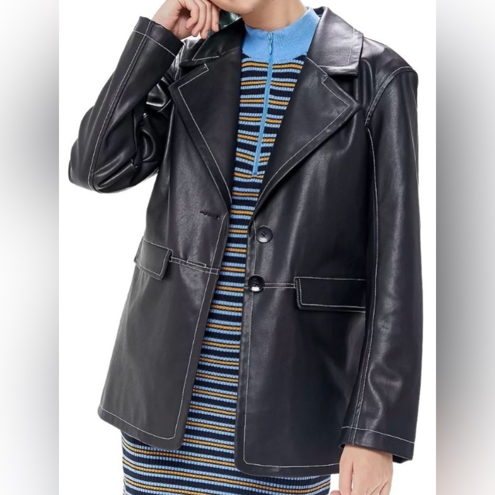 Urban Outfitters Faux Leather Contrast Stitch Button-Front Blazer Jacket Trench